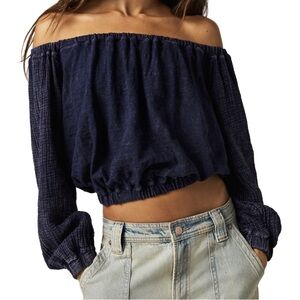 Free People We The Free Parfait Bubble Top Navy Off Shoulder Boho Womens L